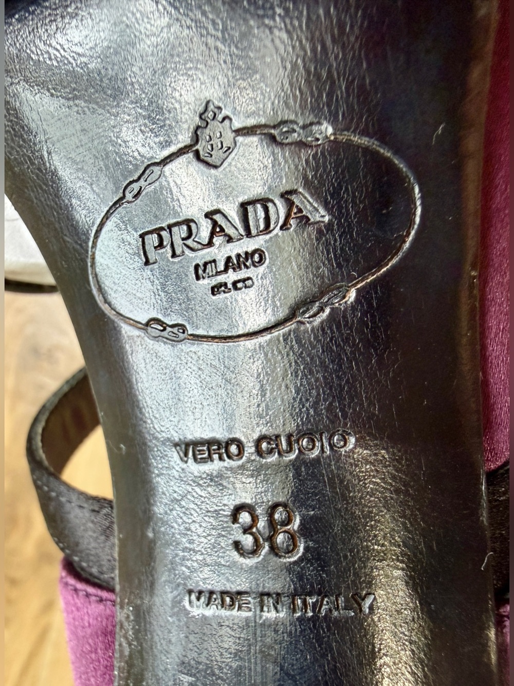 Prada Milano Satin & Leather Platform Sandals Purple Black Size 38 Made in Italy - Picture 9 of 9